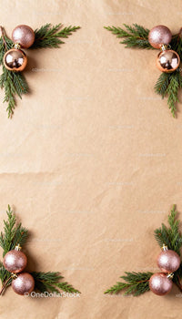 Minimalist Christmas Frame with Pine Branches and Ornaments