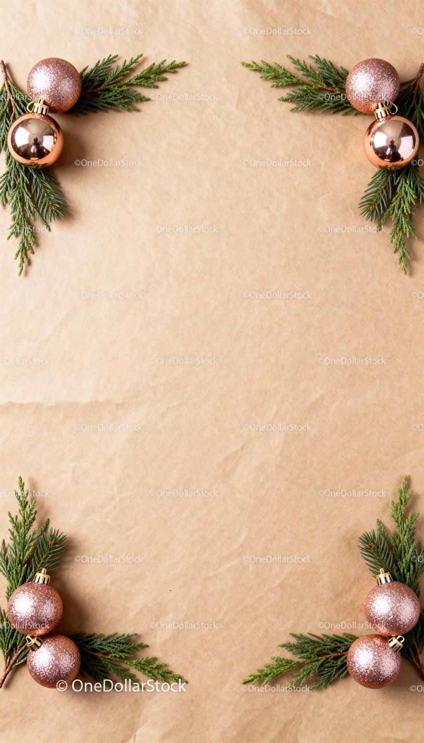 Minimalist Christmas Frame with Pine Branches and Ornaments