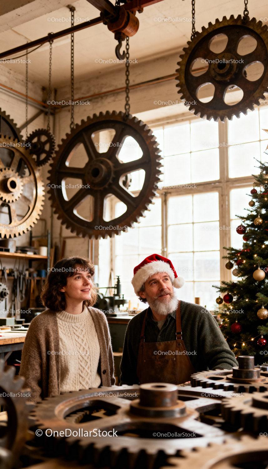 Man with Santa Hat and Woman in Industrial Workshop