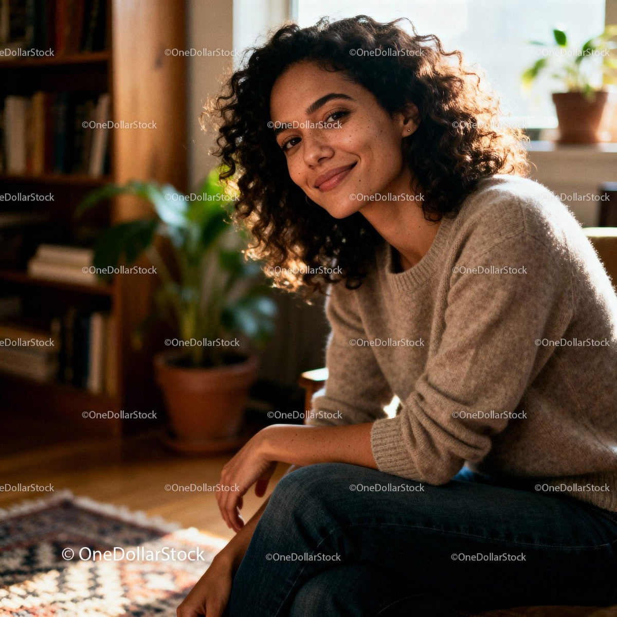 Relaxed woman smiling warmly in cozy home setting