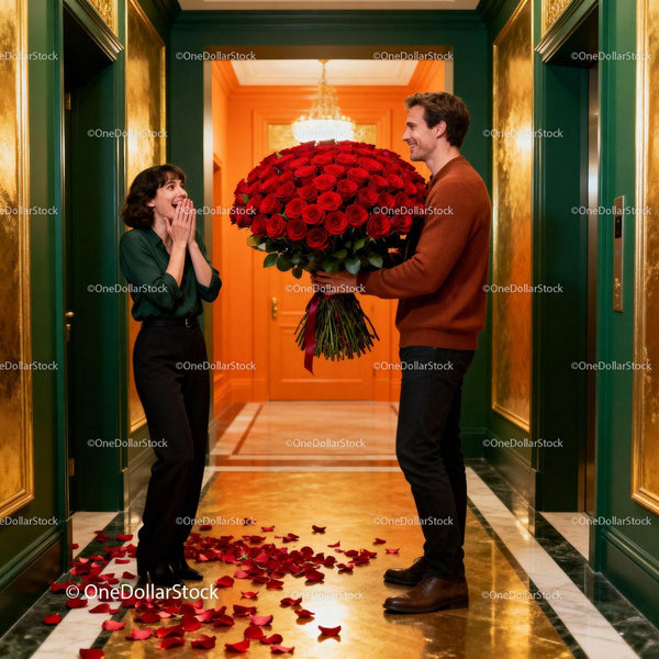Man Surprises Woman with Giant Red Rose Bouquet Indoors