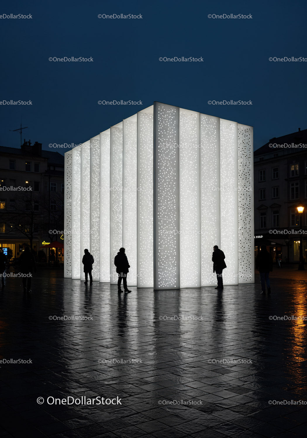 Podświetlona nowoczesna rzeźba na placu miejskim nocą