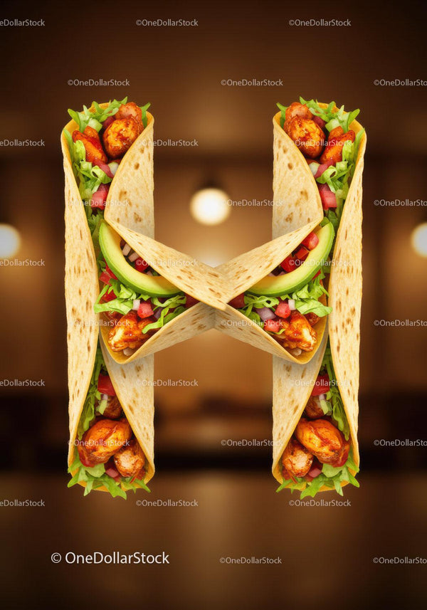 Tasty chicken tacos arranged in letter H shape