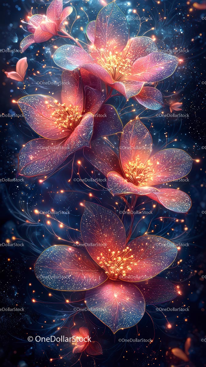 Vivid Fantasy Flowers with Neon Glow and Sparkling Effects