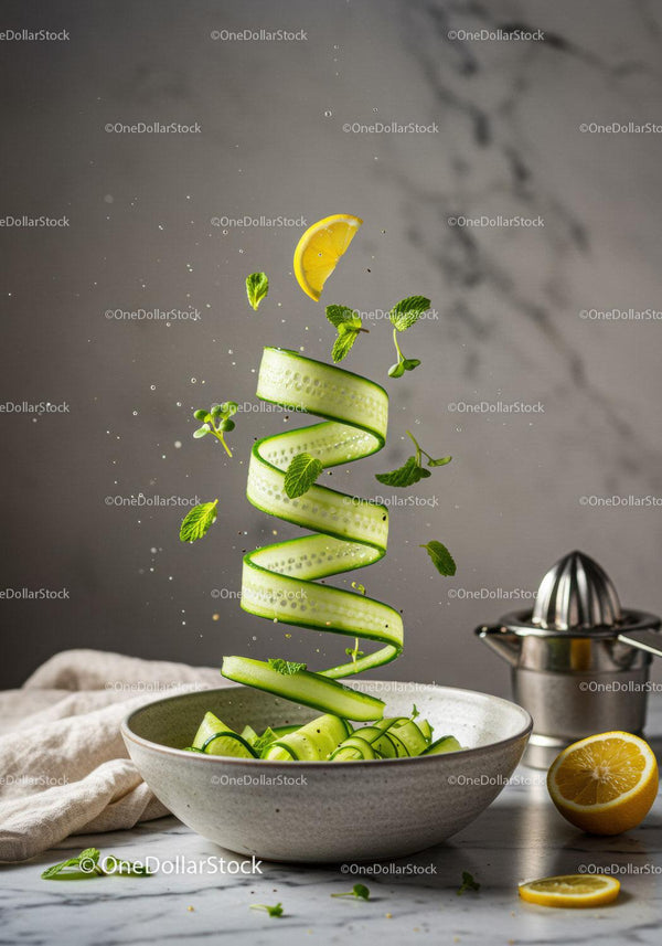 Fresh cucumber ribbons with lemon and mint in ceramic bowl