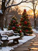 Snowy park bench by festive Christmas trees at sunset