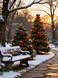 Snowy park bench by festive Christmas trees at sunset