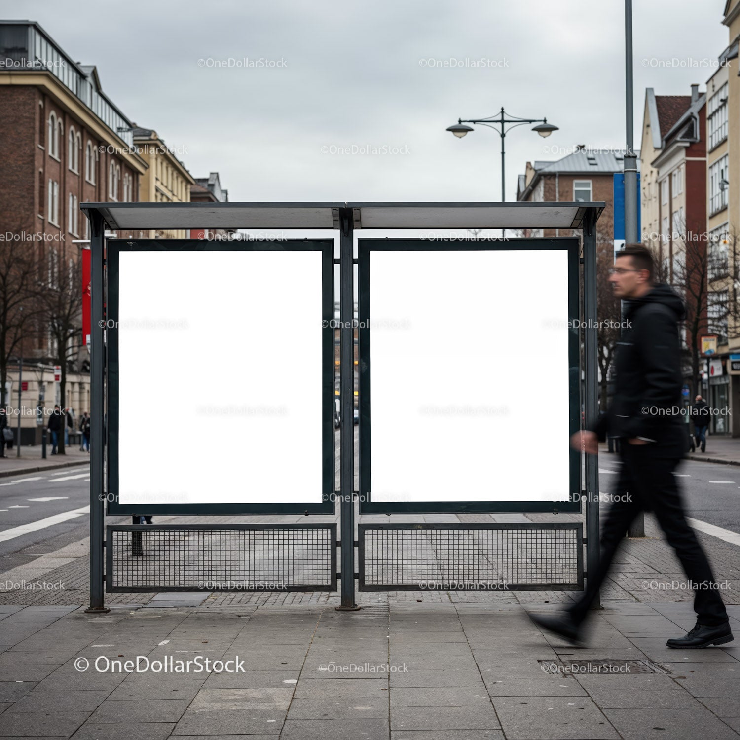 Empty Urban Bus Stop Billboards with Pedestrian Walking By