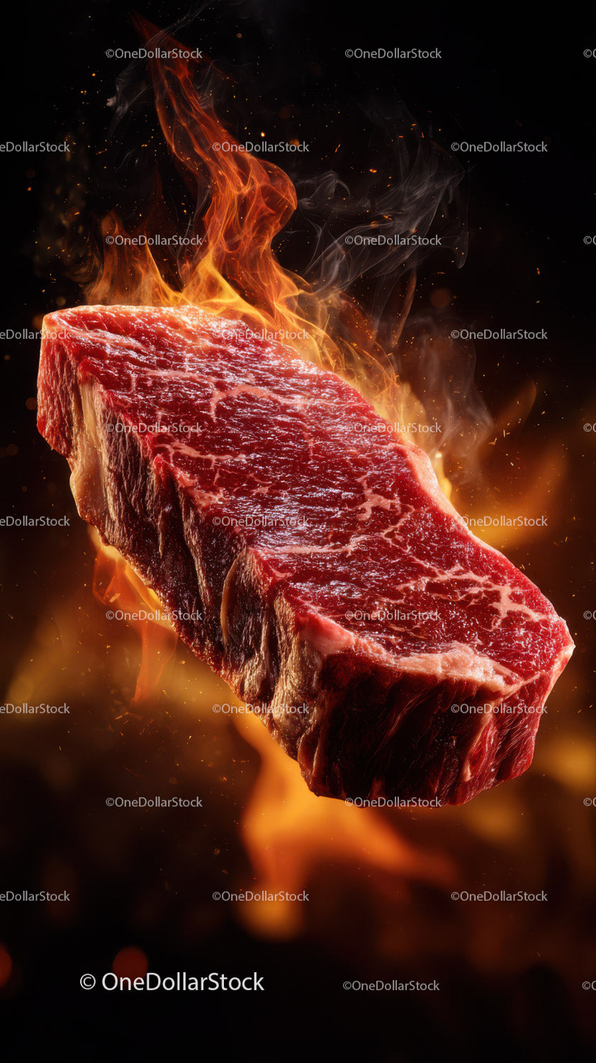 Juicy Raw Beef Steak Ignited by Flames for Gourmet Cooking