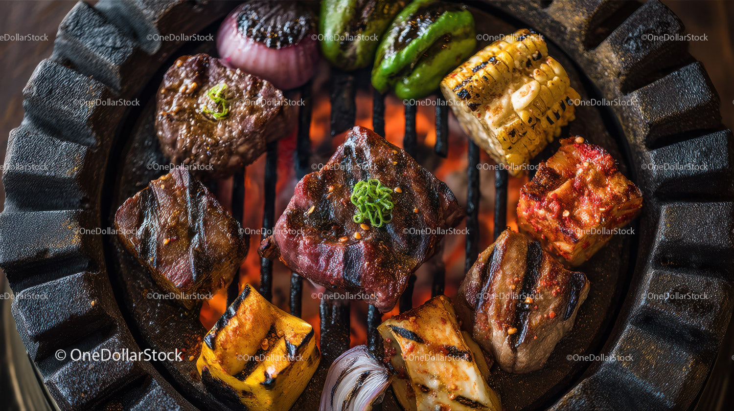 Grilled Meat and Vegetables on a Barbecue Grill for Outdoor Cooking