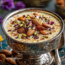 Elegant Saffron Pudding with Nuts and Rose Petals in Silver Bowl