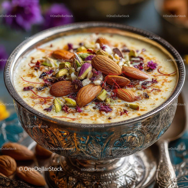 Elegant Saffron Pudding with Nuts and Rose Petals in Silver Bowl