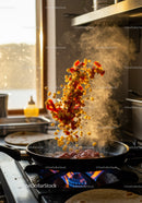 Vibrant vegetables tossed over sizzling stove flame