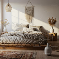 Minimalist bedroom with natural textures and warm sunlight