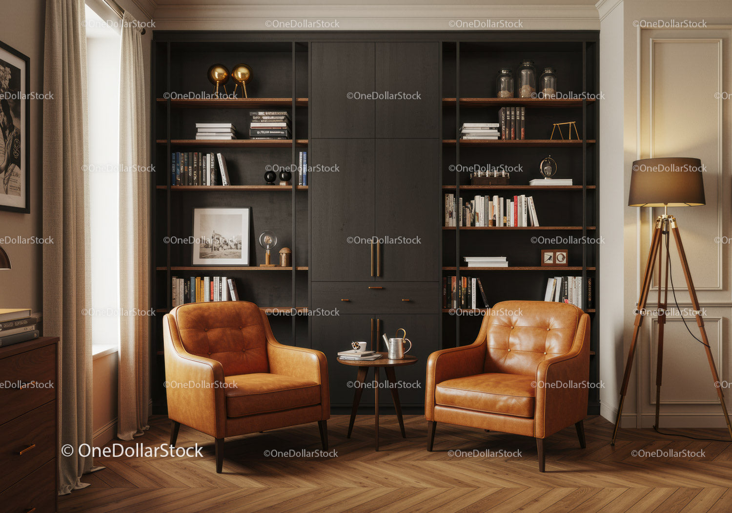 Cozy reading nook with leather armchairs and modern bookshelf