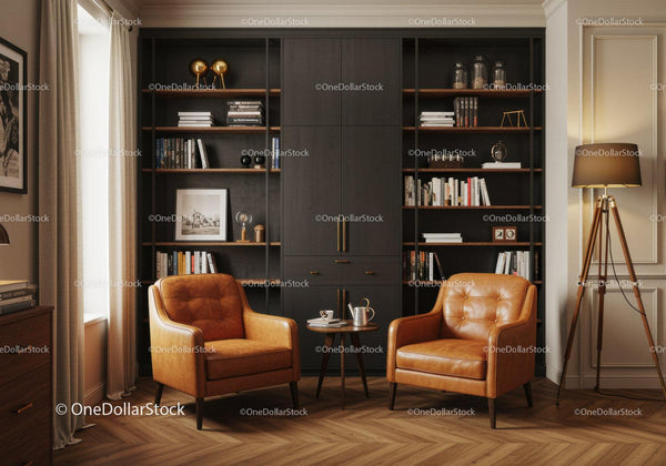 Cozy reading nook with leather armchairs and modern bookshelf