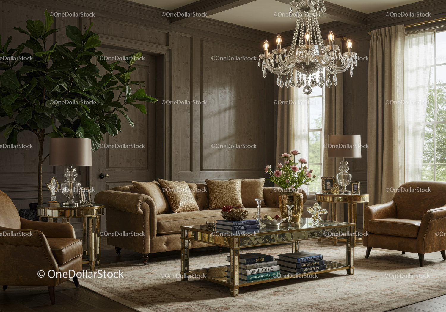 Elegancki salon ze skórzaną sofą i szklanym żyrandolem