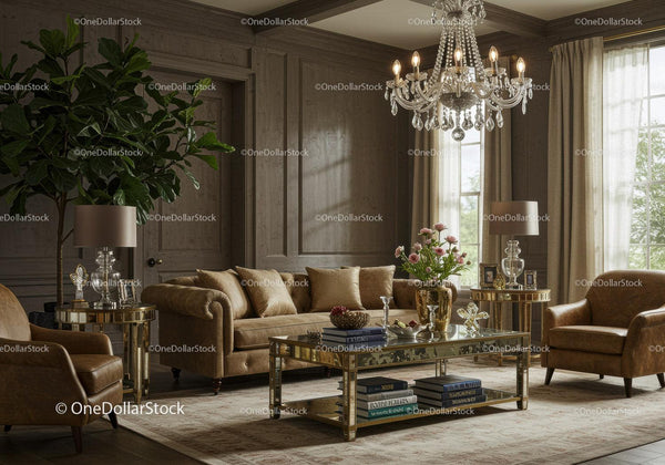 Elegant living room with leather sofa and glass chandelier