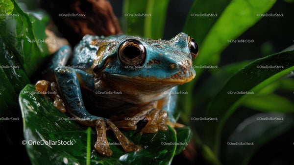 Vivid Blue and Brown Frog in Lush Green Jungle Environment