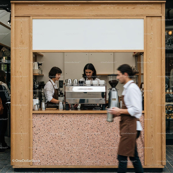 Baristas preparing coffee in a modern cafe kiosk JPG Mockup Image