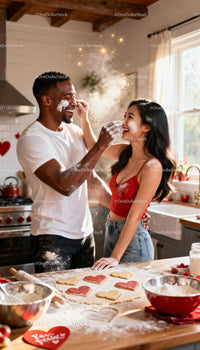 Couple enjoying playful baking moment with heart cookies