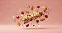 Healthy granola bar with nuts and berries springing up