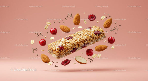Healthy granola bar with nuts and berries springing up