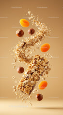 Crunchy granola bar with apricots and hazelnuts flying