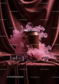 Cold beverage can surrounded by smoke and ice cubes