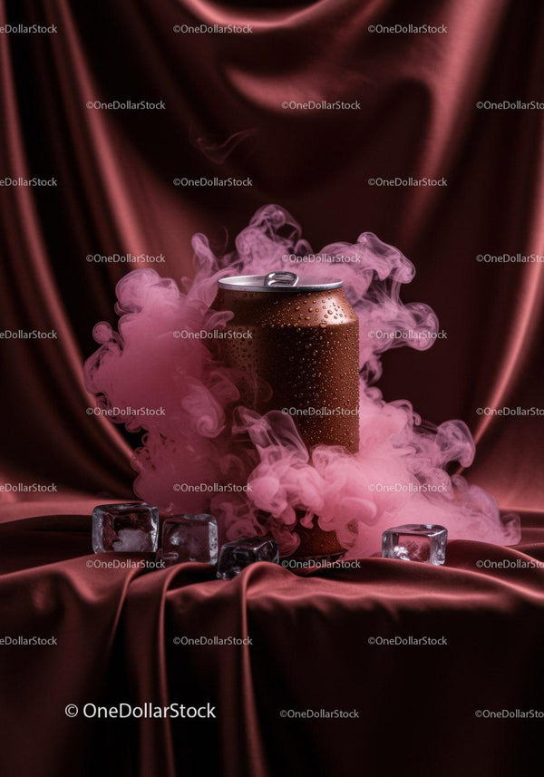 Cold beverage can surrounded by smoke and ice cubes