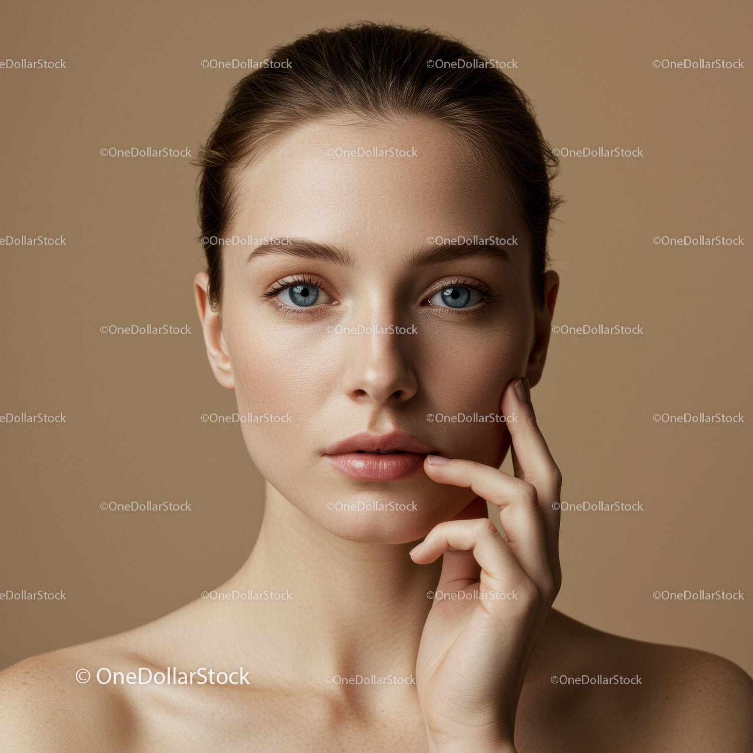 Close-up of a Young Woman with Blue Eyes and Flawless Skin