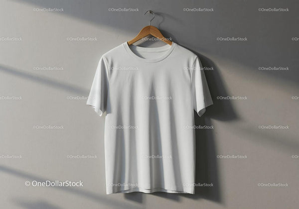 Plain white T shirt hanging on wooden hanger against wall JPG Mockup Image