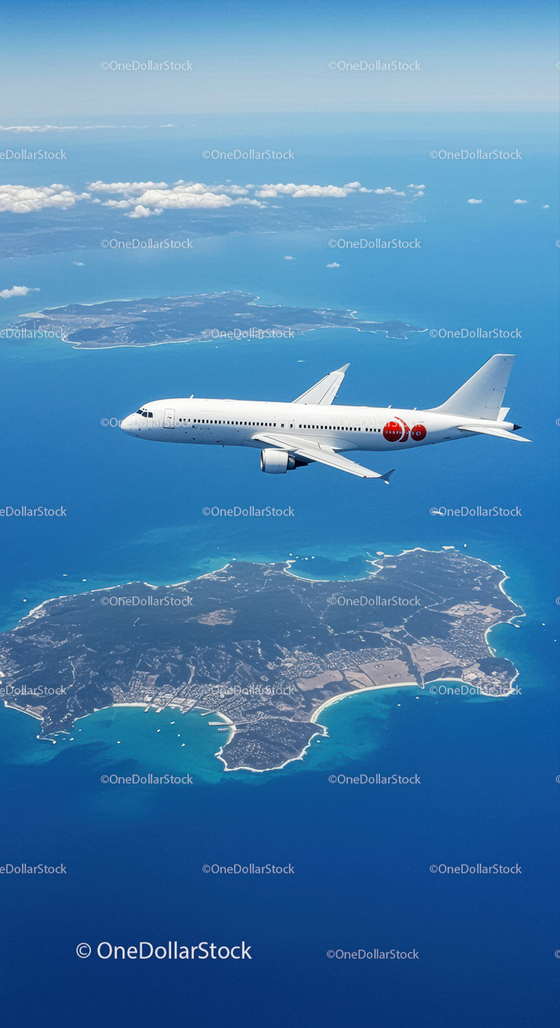 Aerial View of Commercial Jet Flying Over Tropical Island and Ocean