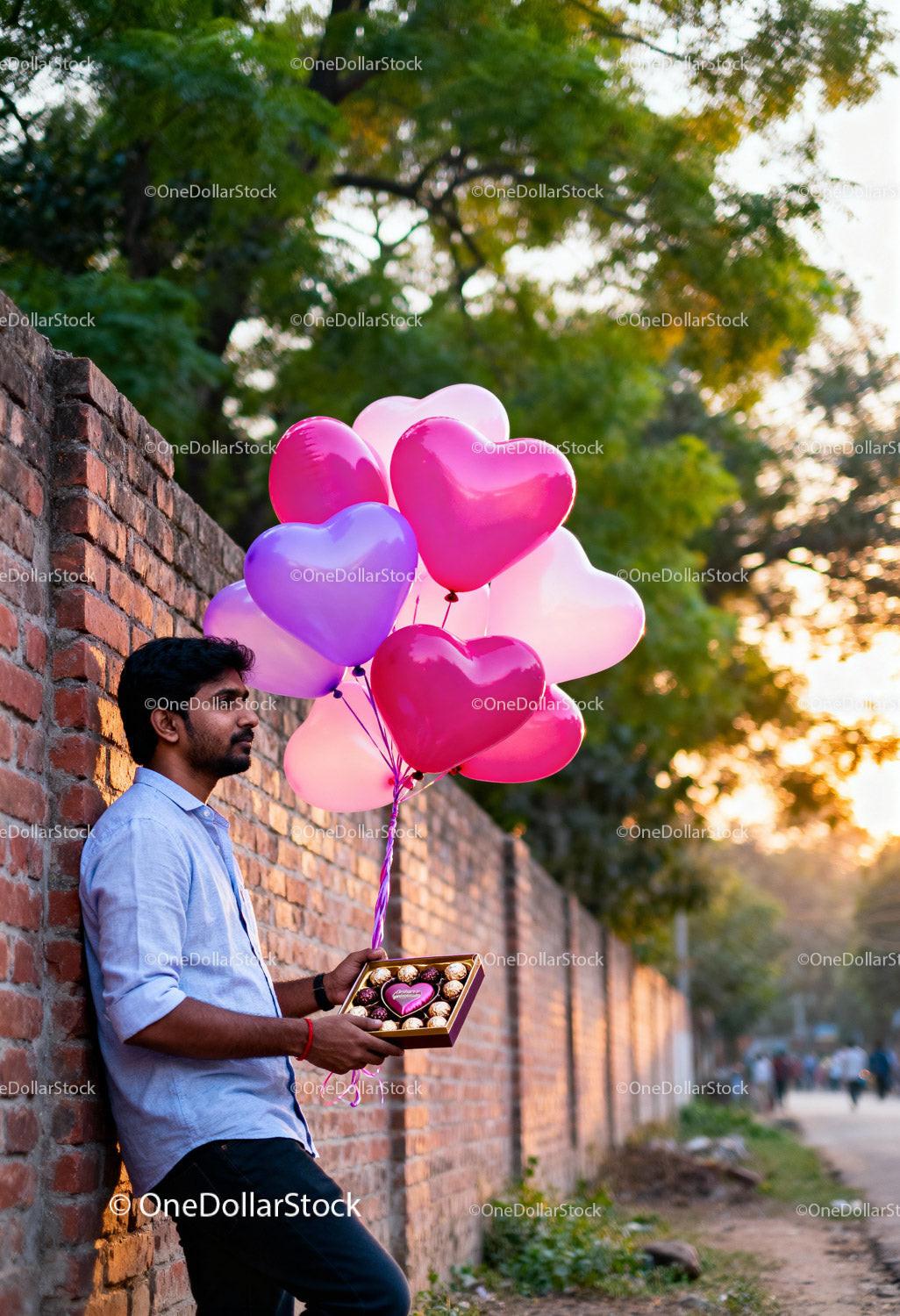 Man holding heart balloons and chocolates by brick wall