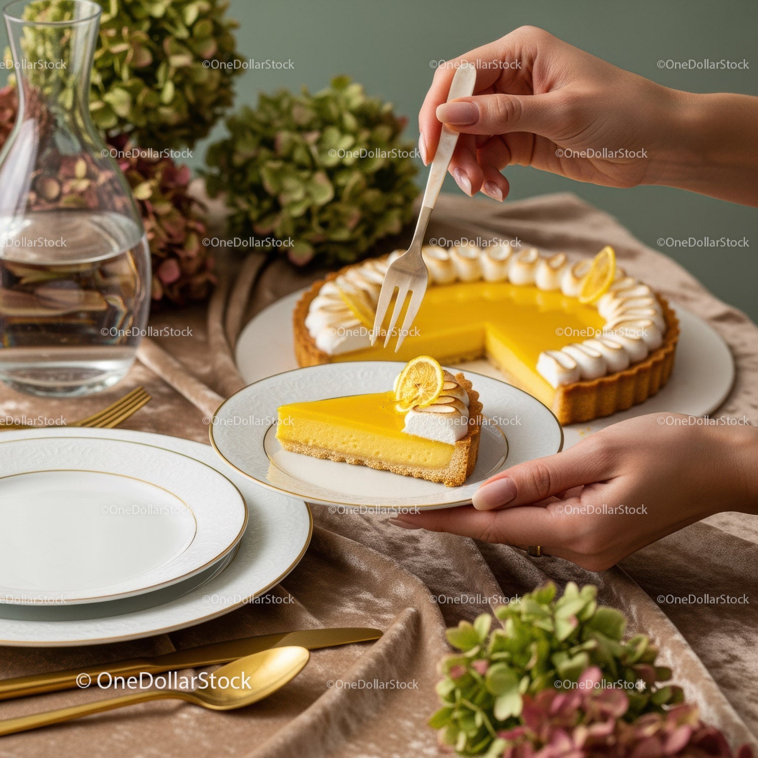 Lemon Tart Slice on Elegant Table with Decor and Floral Accents
