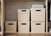 Home Closet with Beige Storage Bins and Folded Laundry