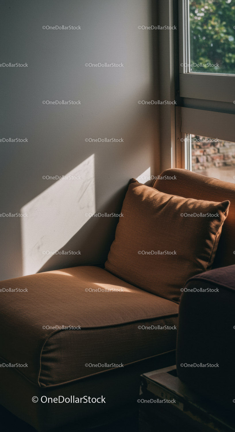 Przytulna sofa z poduszką w słonecznym, nowoczesnym salonie