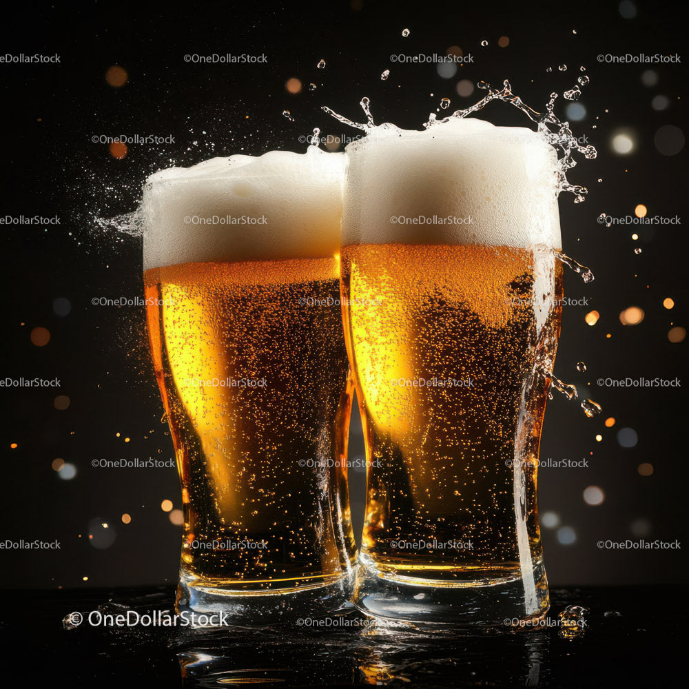 Two Glasses of Golden Beer with Foam and Splash in a Night Scene