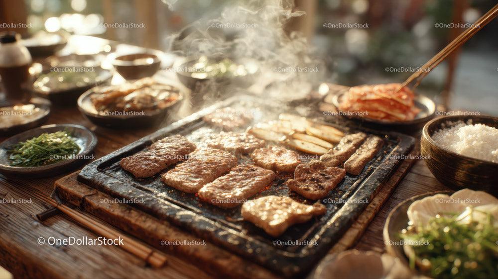 Korean Barbecue Platter with Grilled Meat and Side Dishes