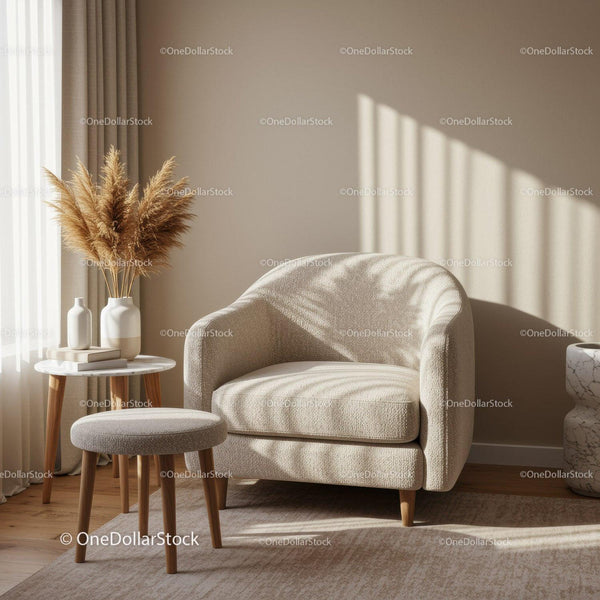 Cozy beige armchair with natural light and decor