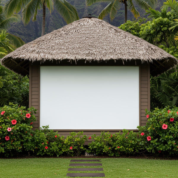 Tropical outdoor movie screen surrounded by lush greenery JPG Mockup Image