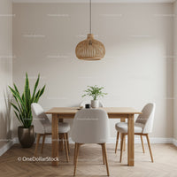 Modern Scandinavian Dining Room with Wooden Table and Indoor Plants