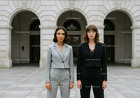 Two Businesswomen Standing Outside in Formal Suits in City Environment