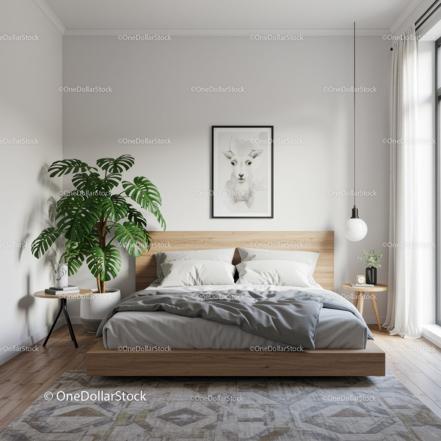 Nowoczesna minimalistyczna sypialnia z rośliną Monstera i grafiką jelenia