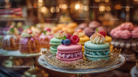 Vibrant Assorted Macarons and Pastries in Upscale Bakery Display
