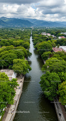 Serene River Running Through Lush Green Forest with Mountain Backdrop