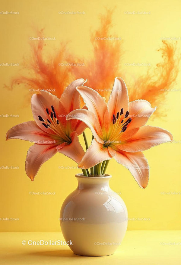 Delicate Peach Lilies in Elegant Vase with Bright Yellow Background