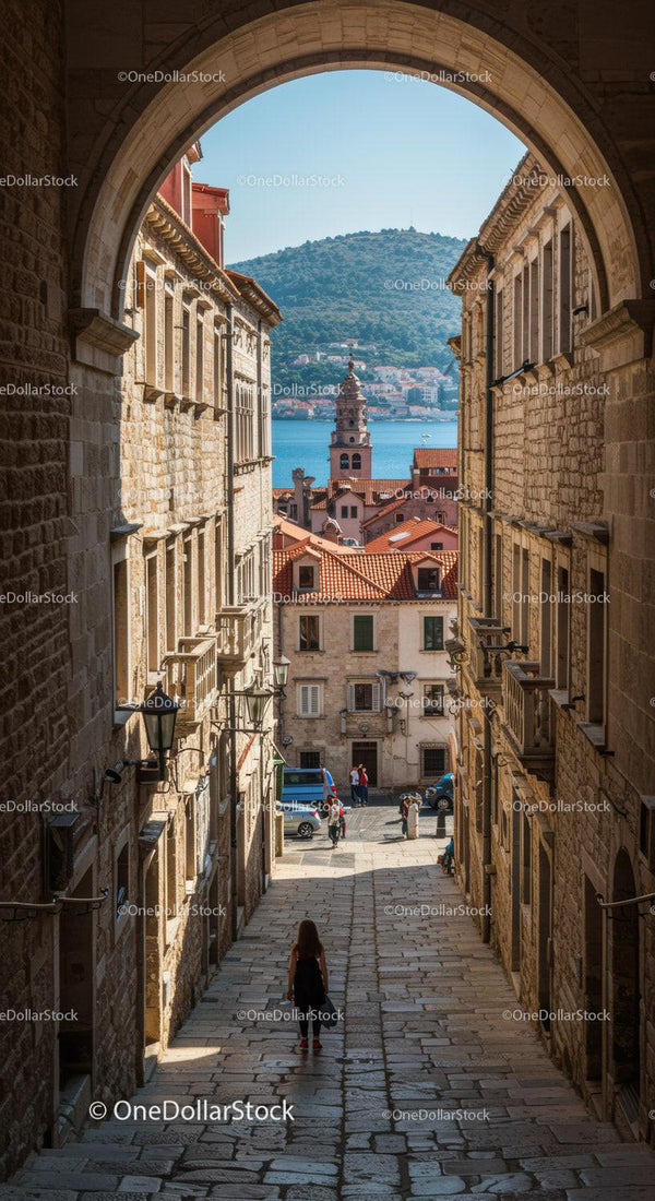 Historic Mediterranean Cityscape with Waterfront View and Red Tiled Roofs