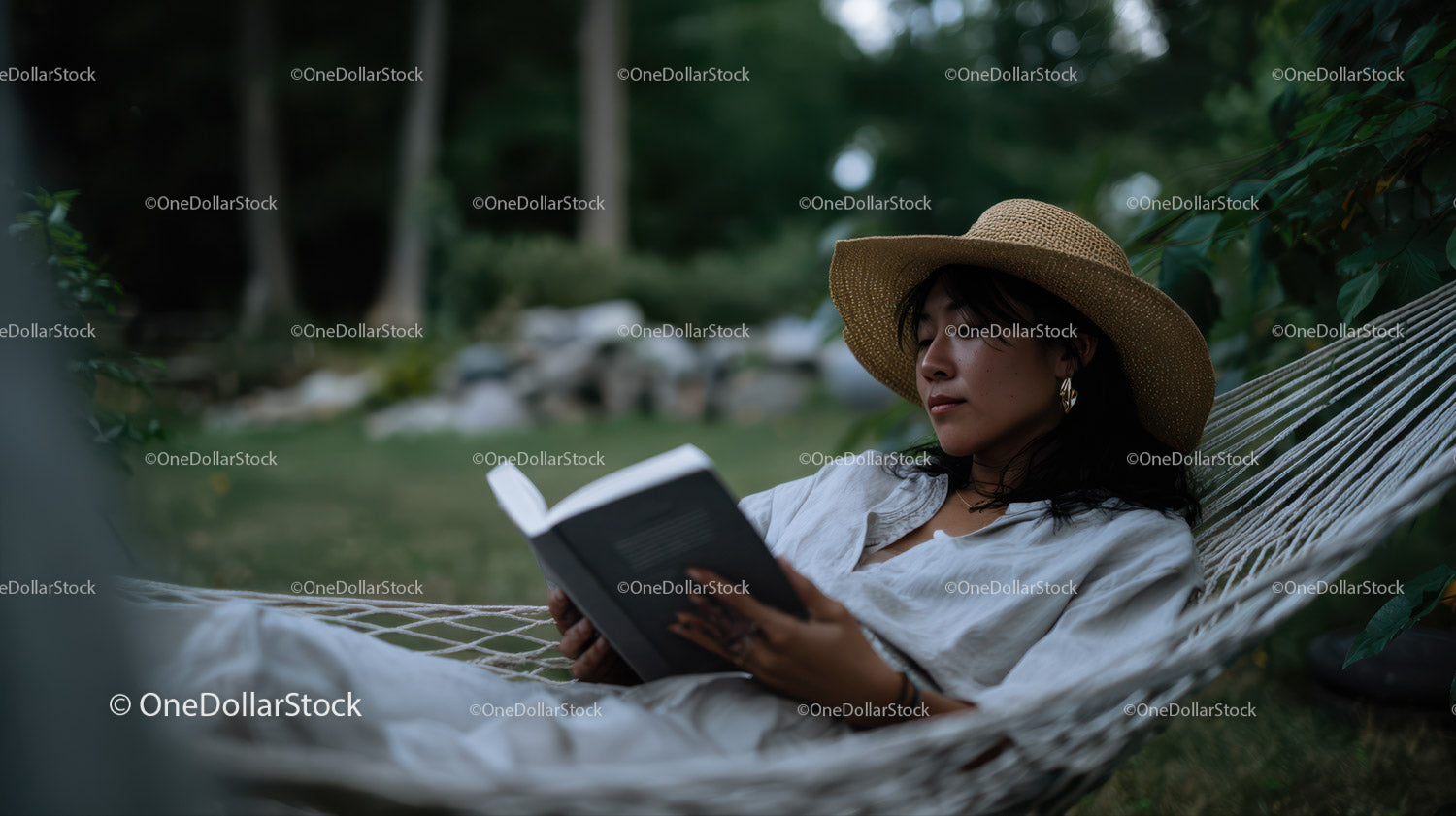 Relaxing Woman Reading Book in Hammock in Lush Green Garden