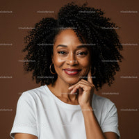 Smiling Young Woman with Curly Hair and Earrings in Casual Style